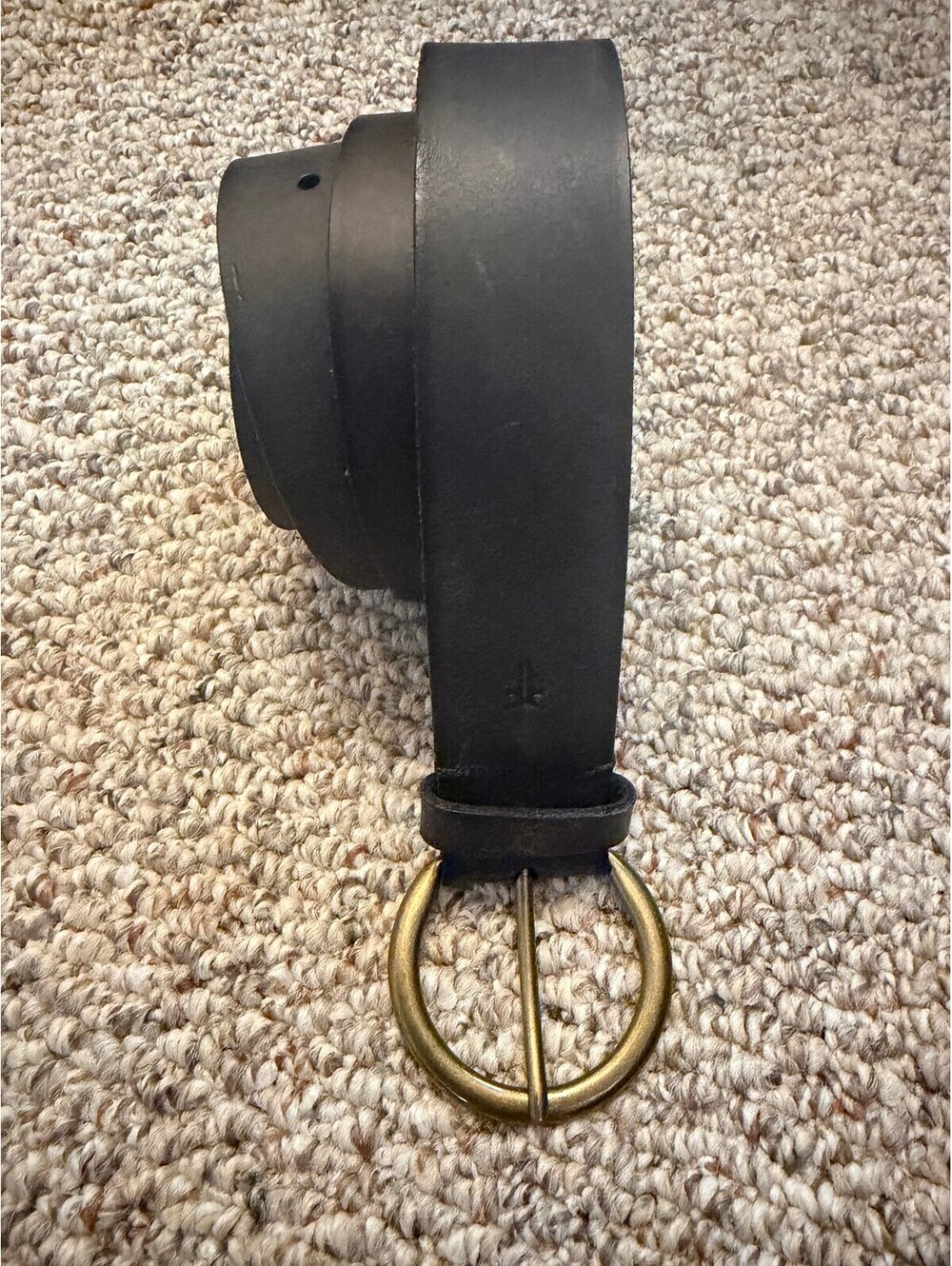 Frye Black Leather Belt with Antiqued Brass Circular Buckle